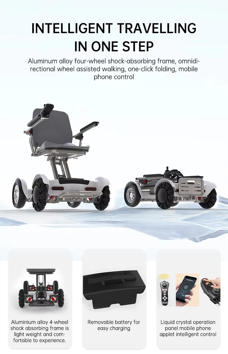 Climber-A1 Pro folding electric wheelchair: shock-absorbing frame, removable battery and app control