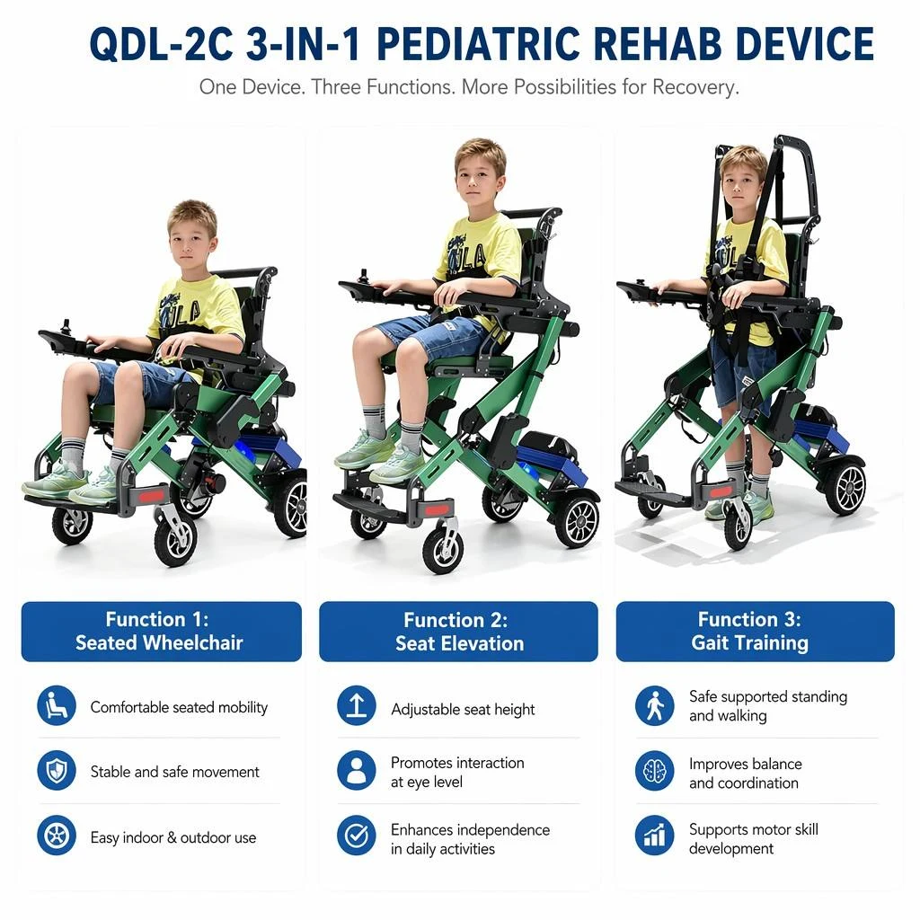 QDL-2C 3-in-1 pediatric rehab device: seated wheelchair, seat elevation and gait training functions